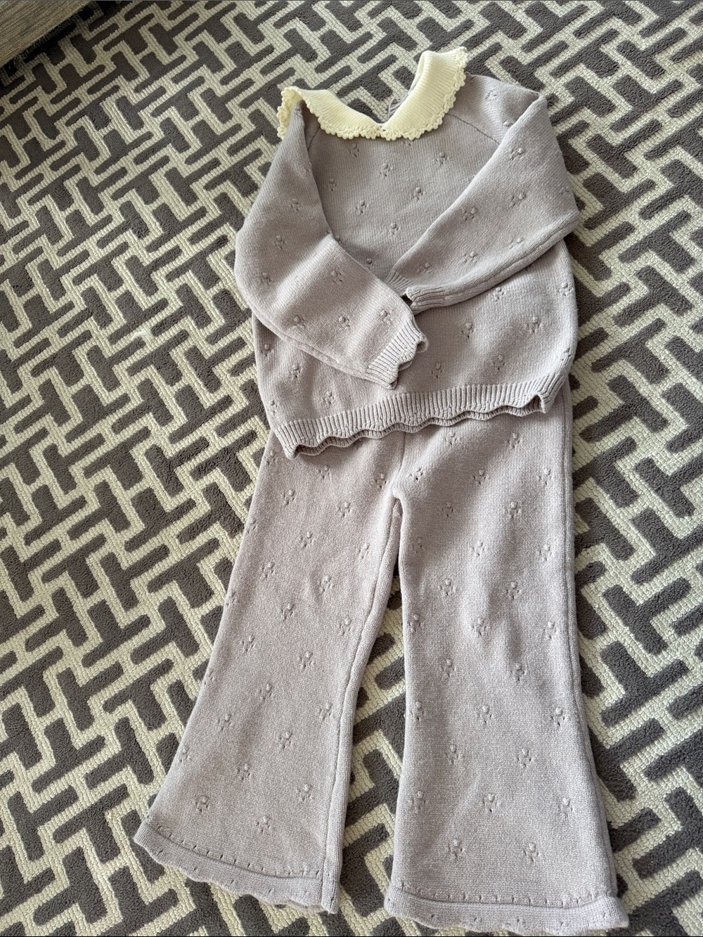 Kids Wide-Leg Knit Matching Set in Light Taupe with Cream Collar